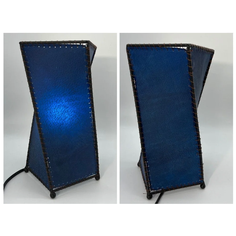 Vtg 90s Y2K Twisted Geometric Table Lamp Blue Rawhide‎ Stitched Shade  Skin Lamp